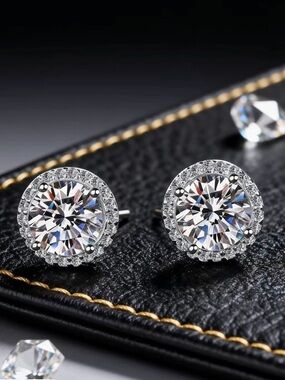 Classic Sterling Silver Moissanite Round Halo Stud Earrings